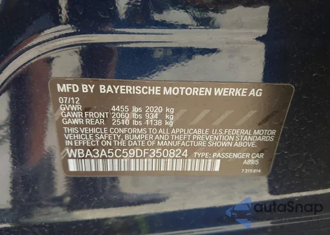 2013 BMW 328I from USA, damaged, VIN WBA3A5C59DF350824